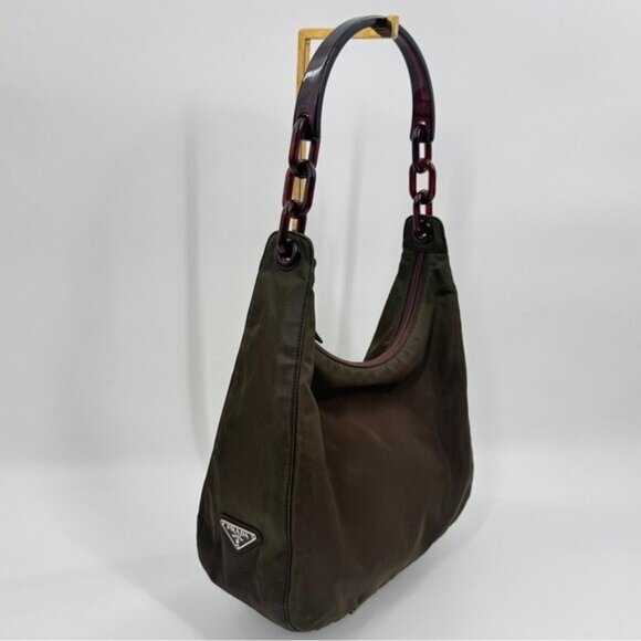 Prada Khaki Nylon Shoulder Hobo Bag With Tortoise Chain - Picture 1 of 11